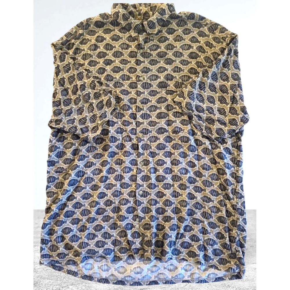 Vintage Fish Print Button Collar Men's Shirt Hawaiian Short Sleeve XL